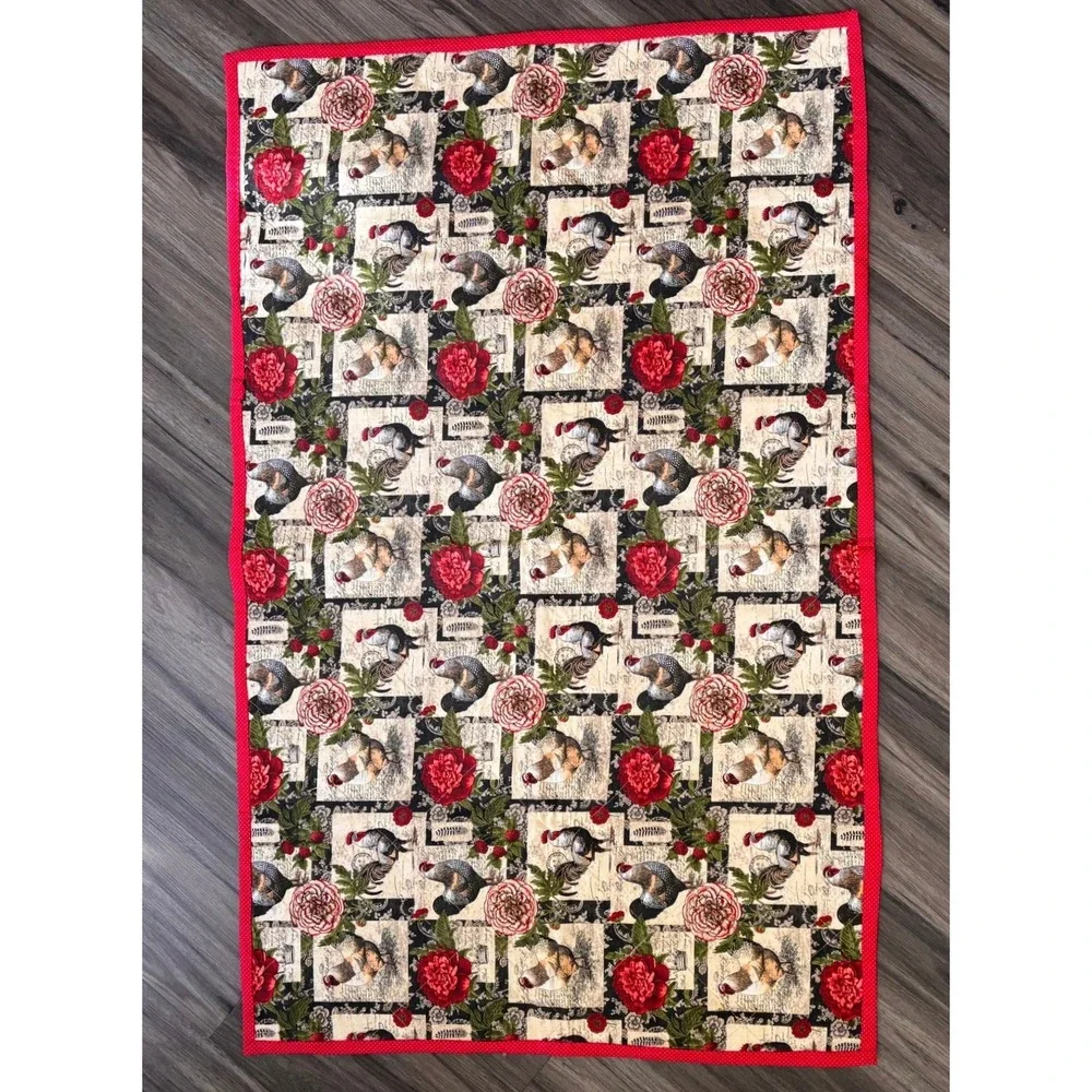 Cottage Core Rooster Peony Quilted Table Runner French Country Red Black 41x26